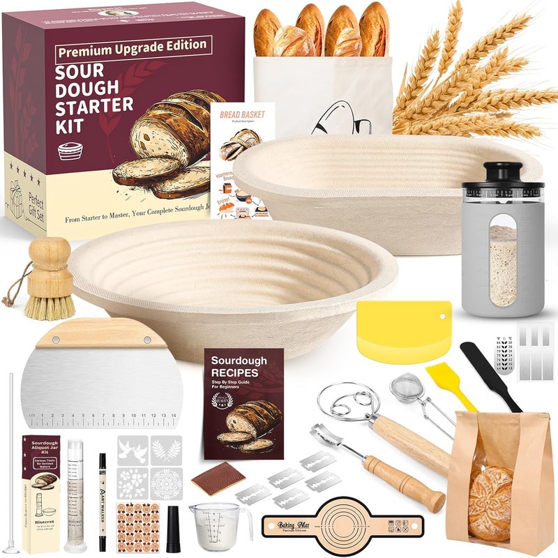 Risecret Sourdough Starter Kit with Aliquot Jar, Wood Pulp 9" Round & 10" Oval Bannetons & 34 oz Sourdough Starter Jar & Bread Sling Scrapers & Bag Complete Sourdough Baking Supplies - Image 1